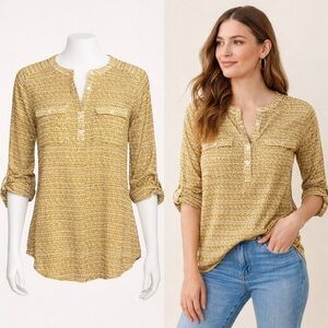 Holding Horses | Mustard Abstract Print Roll Tab Blouse | Size 4